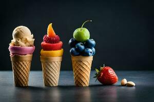 Tres hielo crema conos con diferente frutas en a ellos. generado por ai foto