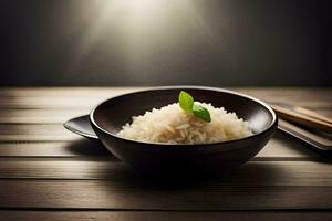 a bowl of rice with chopsticks on a wooden table. AI-Generated photo