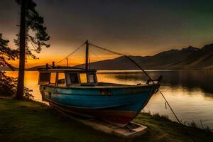 a boat sits on the shore at sunset. AI-Generated photo