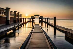 a pier at sunset with a dock and a boat. AI-Generated photo