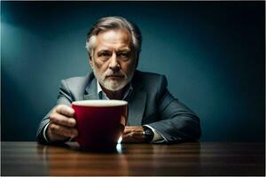 an older man in a suit holding a coffee cup. AI-Generated photo