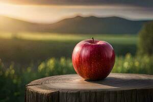 un manzana se sienta en parte superior de un tocón en frente de un puesta de sol. generado por ai foto