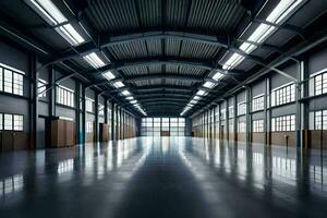 an empty warehouse with lots of windows and lots of light. AI-Generated photo