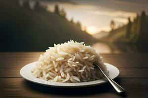 un plato de arroz con un tenedor en un de madera mesa. generado por ai foto