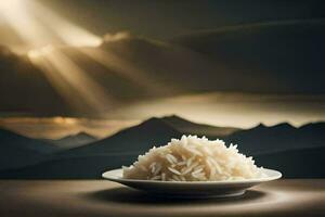 a plate of rice on a table with mountains in the background. AI-Generated photo