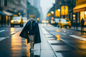 un gato en un capa caminando abajo un ciudad calle. generado por ai foto