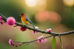 a bird sits on a branch with pink flowers. AI-Generated photo