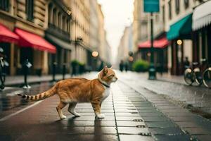 an orange cat walking down a street in a city. AI-Generated photo