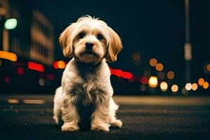 a small dog sitting on the street at night. AI-Generated photo