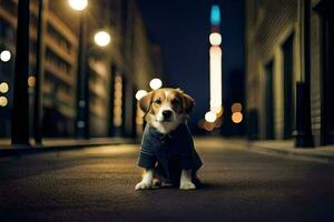 a dog in a jacket sitting on the street at night. AI-Generated photo