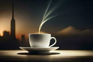a cup of coffee on a table with a city in the background. AI-Generated photo