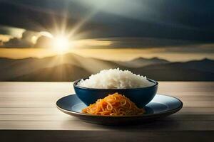 a bowl of rice and noodles on a wooden table. AI-Generated photo