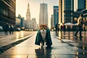 a cat wearing a cape walks down a city street. AI-Generated photo