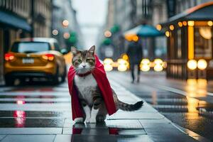 un gato vistiendo un rojo capa en un lluvioso calle. generado por ai foto