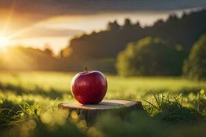 an apple sits on a stump in a field with the sun setting behind it. AI-Generated photo