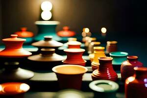 a row of colorful vases on a table. AI-Generated photo