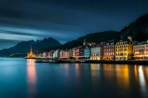 el ciudad de Bergen, Noruega a noche. generado por ai foto