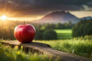 a red apple on a wooden fence in a field. AI-Generated photo