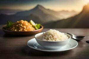 a bowl of rice and a spoon on a table with mountains in the background. AI-Generated photo