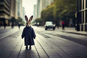 a rabbit wearing a coat and standing on a street. AI-Generated photo