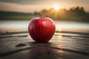 an apple sits on a wooden table in front of a lake. AI-Generated photo