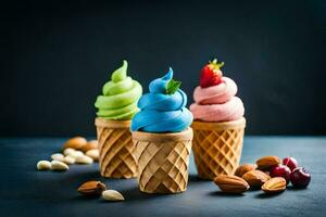 three ice cream cones with different colors on a dark background. AI-Generated photo