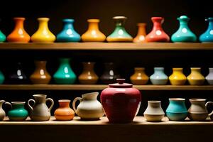 a shelf full of colorful vases and vases. AI-Generated photo