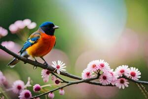 a colorful bird sits on a branch with pink flowers. AI-Generated photo