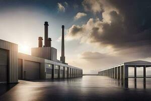 a factory with smoke stacks and a cloudy sky. AI-Generated photo