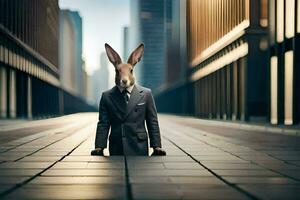 un Conejo en un traje y Corbata en pie en el medio de un ciudad calle. generado por ai foto