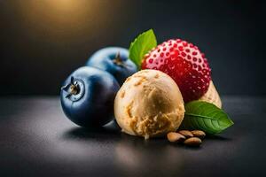 un cucharón de hielo crema con bayas y nueces. generado por ai foto