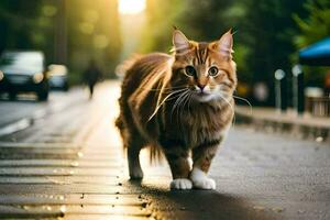 a cat walking down a street at sunset. AI-Generated photo