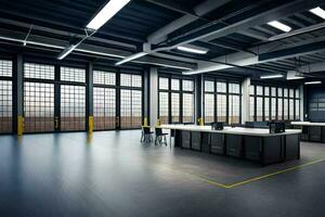 an empty warehouse with large windows and lots of tables. AI-Generated photo