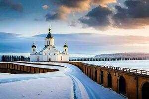 a church in the snow with a bridge. AI-Generated photo