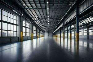 an empty warehouse with large windows and yellow poles. AI-Generated photo