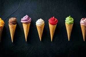 different colored ice cream cones in a row. AI-Generated photo