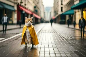 a cat wearing a yellow raincoat walking down a street. AI-Generated photo
