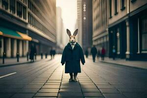 a rabbit in a suit and tie standing in the middle of a city street. AI-Generated photo