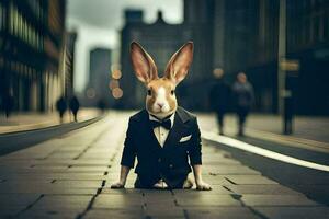 a rabbit wearing a suit and tie sitting on the street. AI-Generated photo