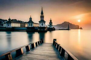 a pier with a church in the background at sunset. AI-Generated photo