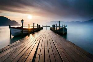 a wooden dock with boats on it at sunset. AI-Generated photo