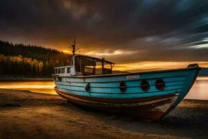 a boat sits on the shore at sunset. AI-Generated photo