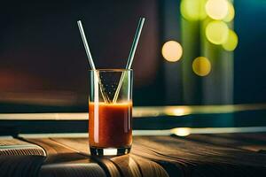 a glass of tomato juice with two straws. AI-Generated photo