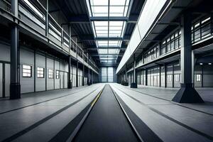 an empty industrial warehouse with a long track. AI-Generated photo