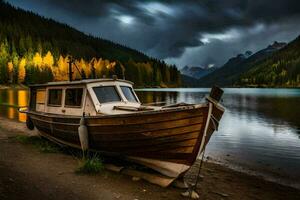 a boat sits on the shore of a lake. AI-Generated photo