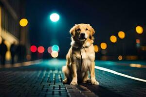 a dog sitting on the street at night. AI-Generated photo