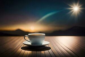 a cup of coffee on a wooden table with a sun in the background. AI-Generated photo