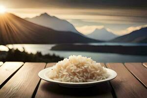 un plato de arroz en un de madera mesa en frente de un lago. generado por ai foto
