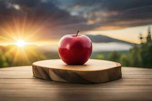 un manzana se sienta en un de madera mesa en frente de un puesta de sol. generado por ai foto