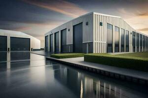 the industrial building is surrounded by water. AI-Generated photo